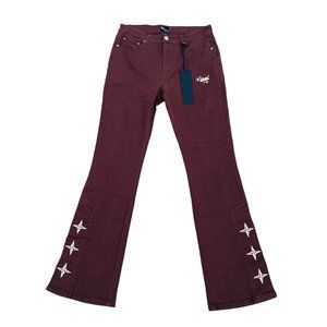 Men's Burgundy Flared Bootcut Jeans with Star Embroidery